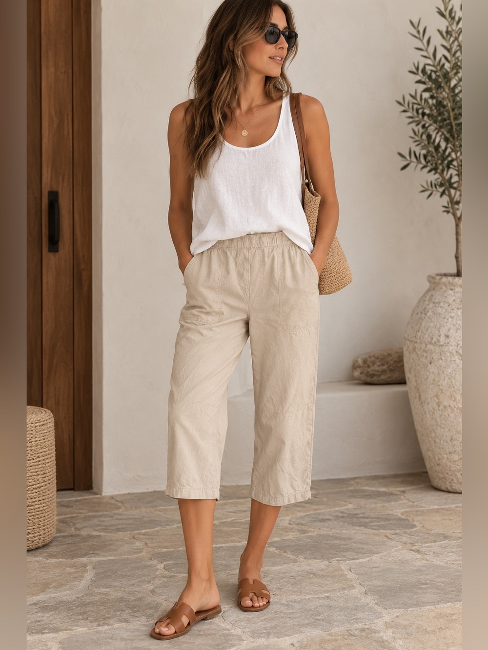 ALIA Beige 100% Cotton Pull On Cropped Pants Size 10